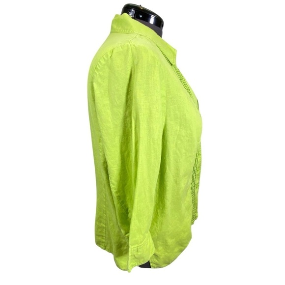 KIM ROGERS Women's plus 1X Green pleated 3/4 sleeve 100% linen button up shirt - Picture 2 of 5